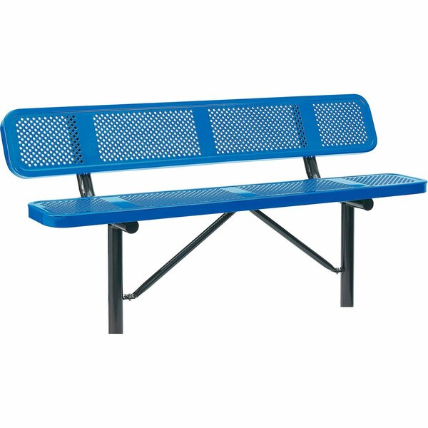 Global Industrial 6ft Outdoor Steel Bench w/ Backrest, Perforated Metal, In Ground Mount, Blue 694557IBL